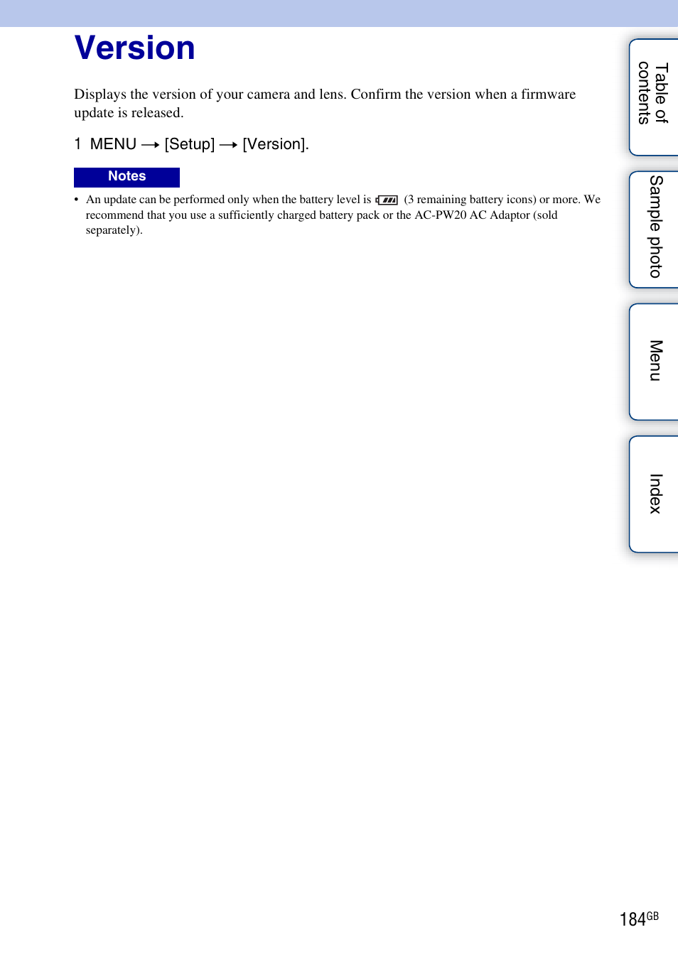 Version | Sony NEX-5R User Manual | Page 184 / 247