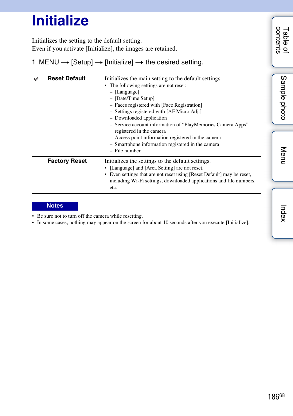 Initialize | Sony NEX-5R User Manual | Page 186 / 247