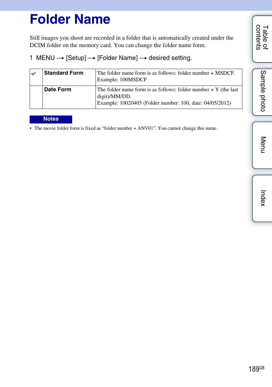 Folder name | Sony NEX-5R User Manual | Page 189 / 247