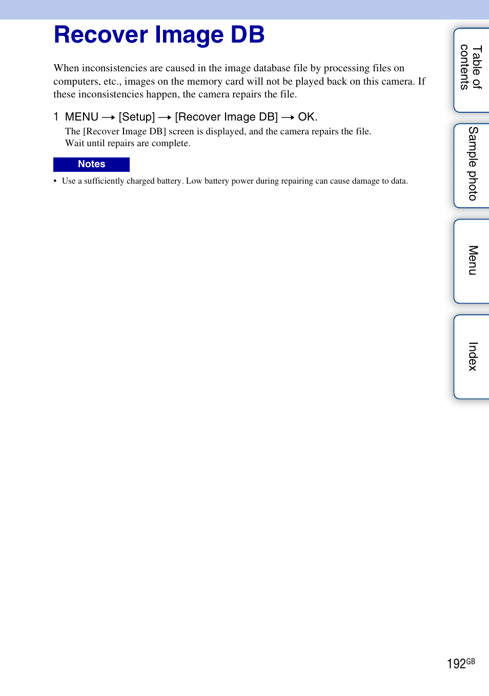 Recover image db | Sony NEX-5R User Manual | Page 192 / 247