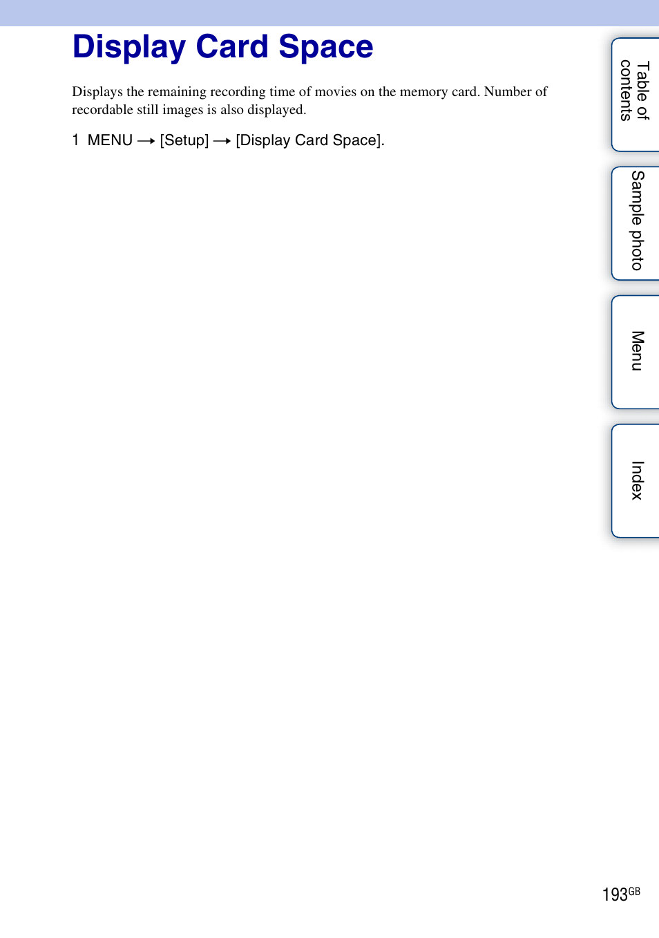 Display card space | Sony NEX-5R User Manual | Page 193 / 247