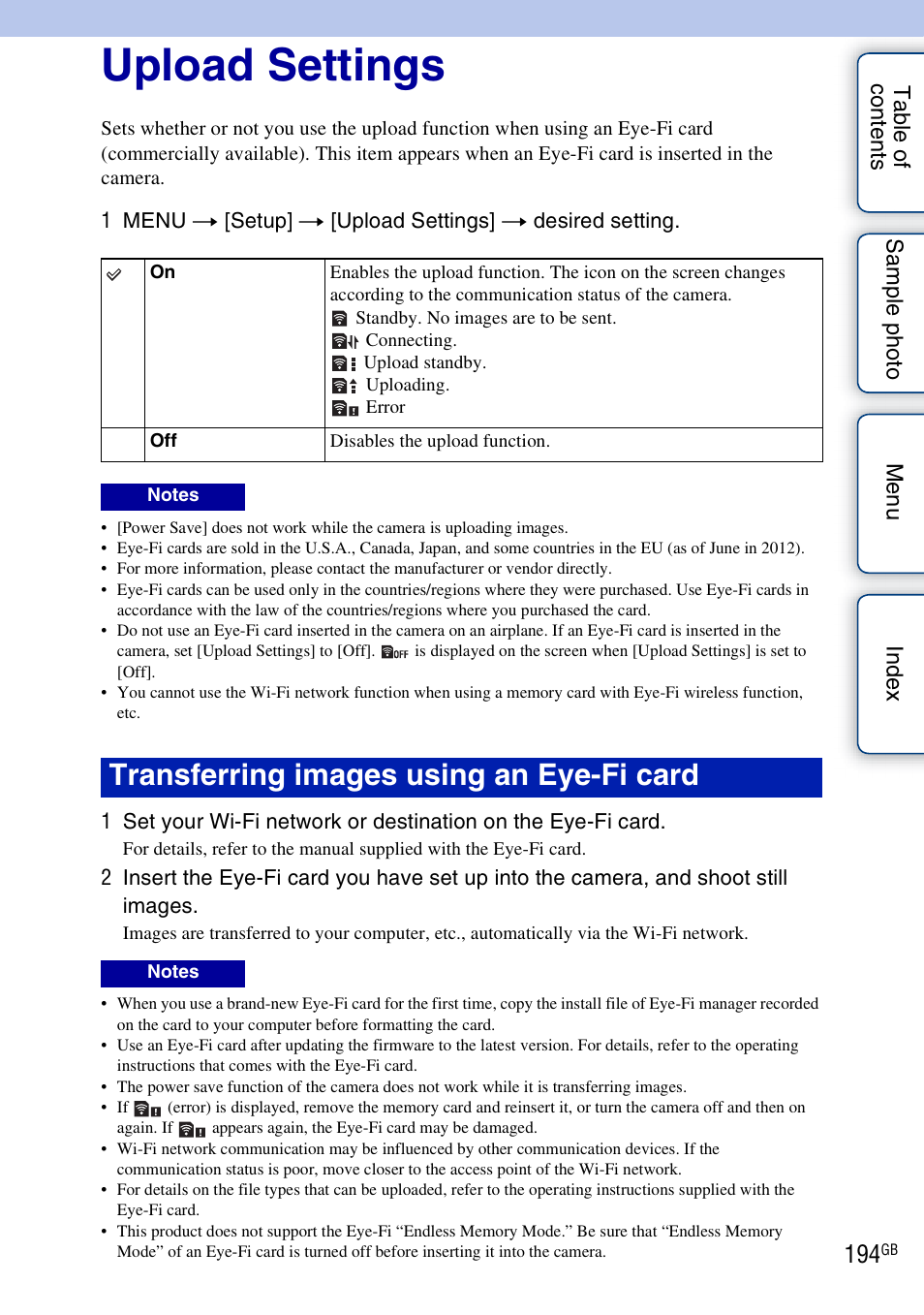 Upload settings, Transferring images using an eye-fi card | Sony NEX-5R User Manual | Page 194 / 247