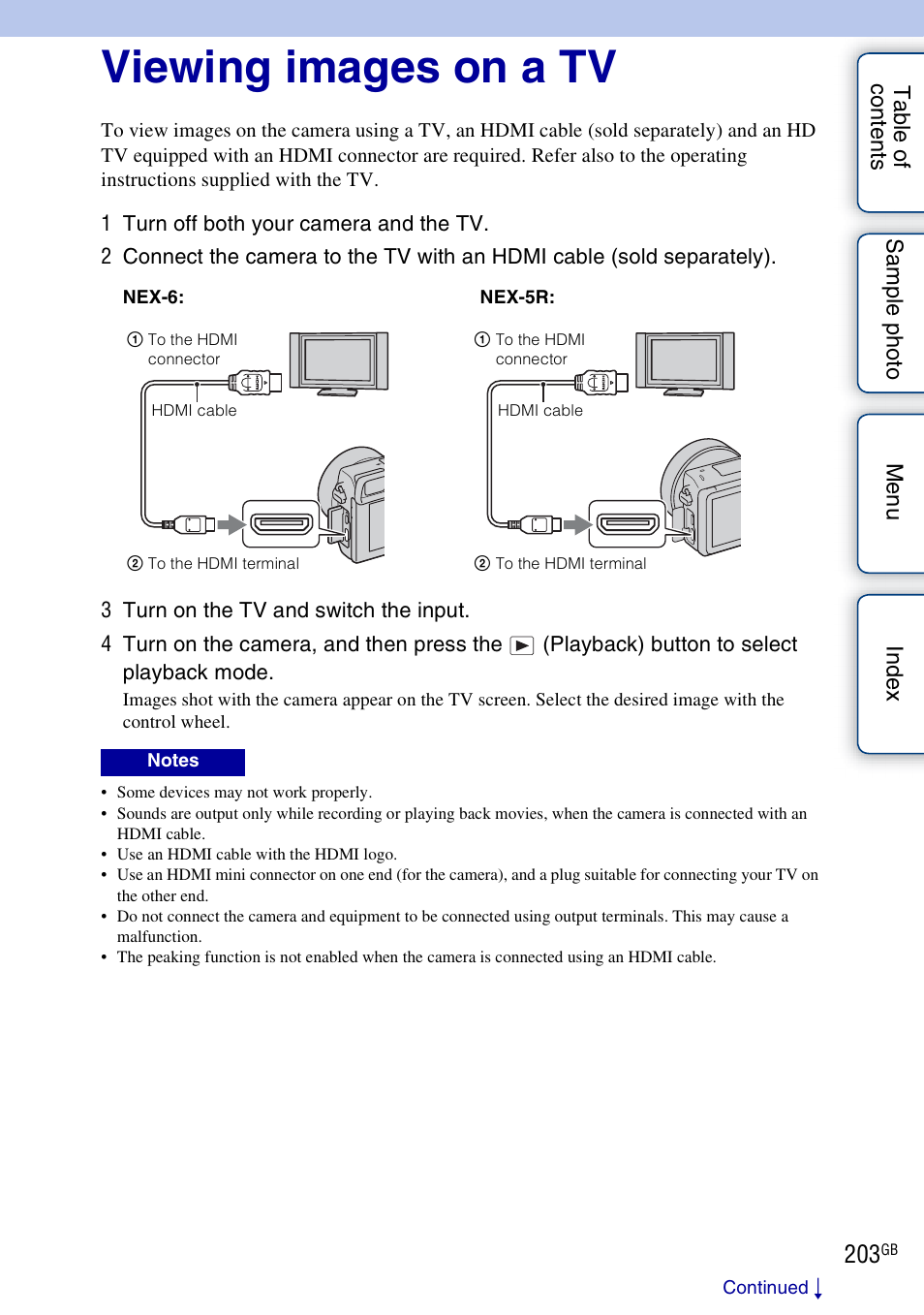 Viewing images on a tv, Connecting with other equipment | Sony NEX-5R User Manual | Page 203 / 247