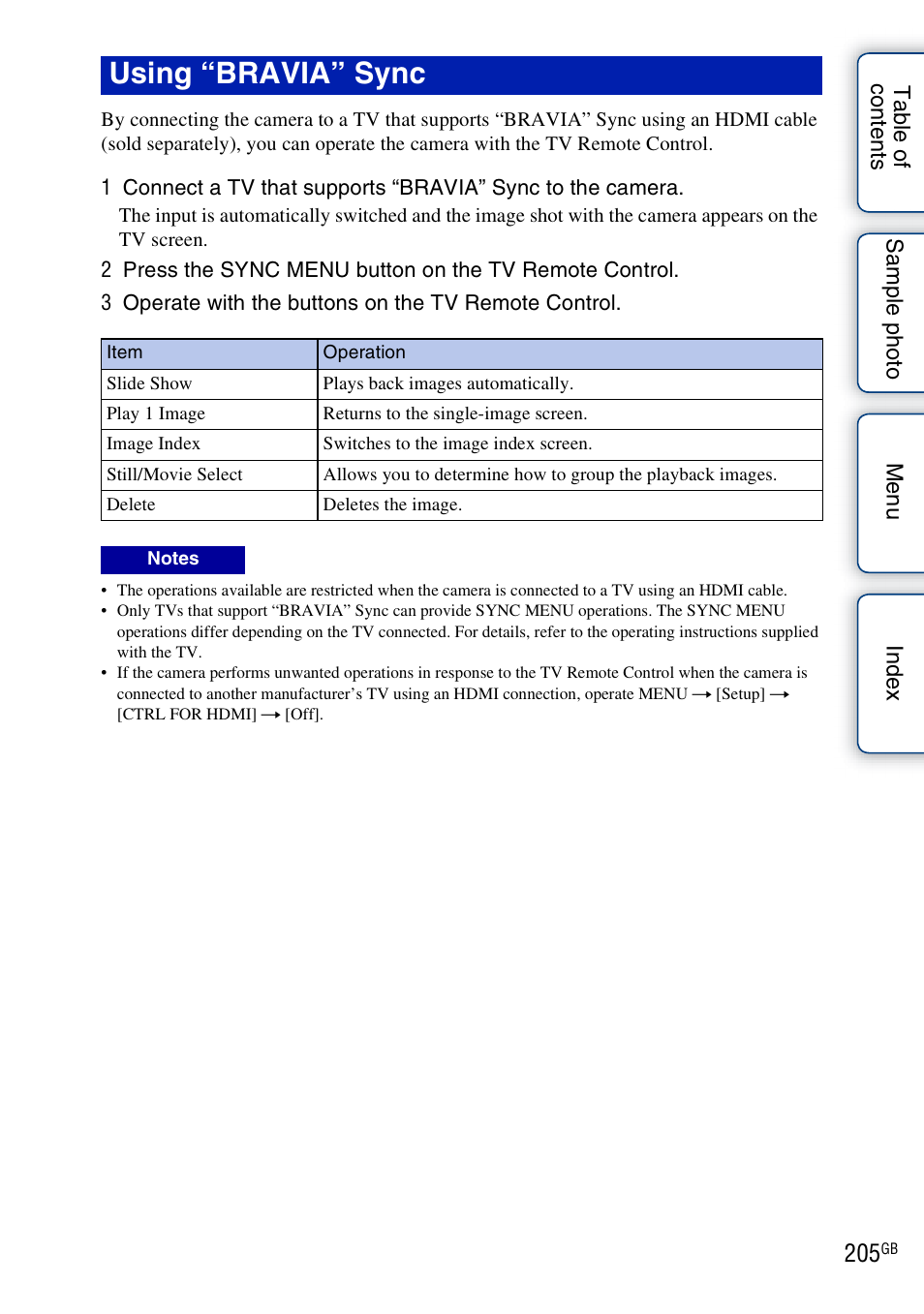 Using “bravia” sync | Sony NEX-5R User Manual | Page 205 / 247
