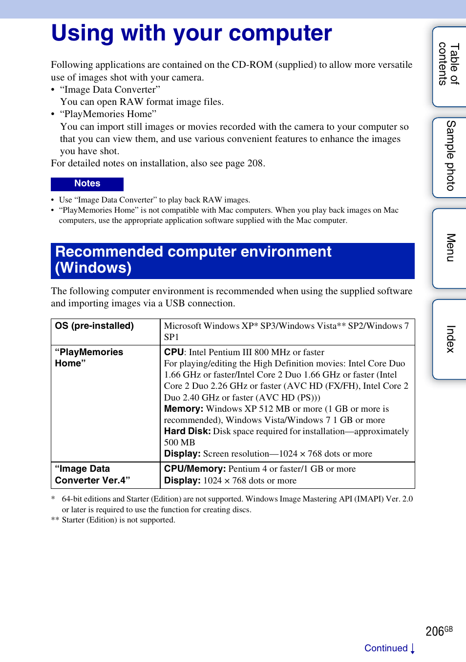 Using with your computer, Recommended computer environment (windows) | Sony NEX-5R User Manual | Page 206 / 247