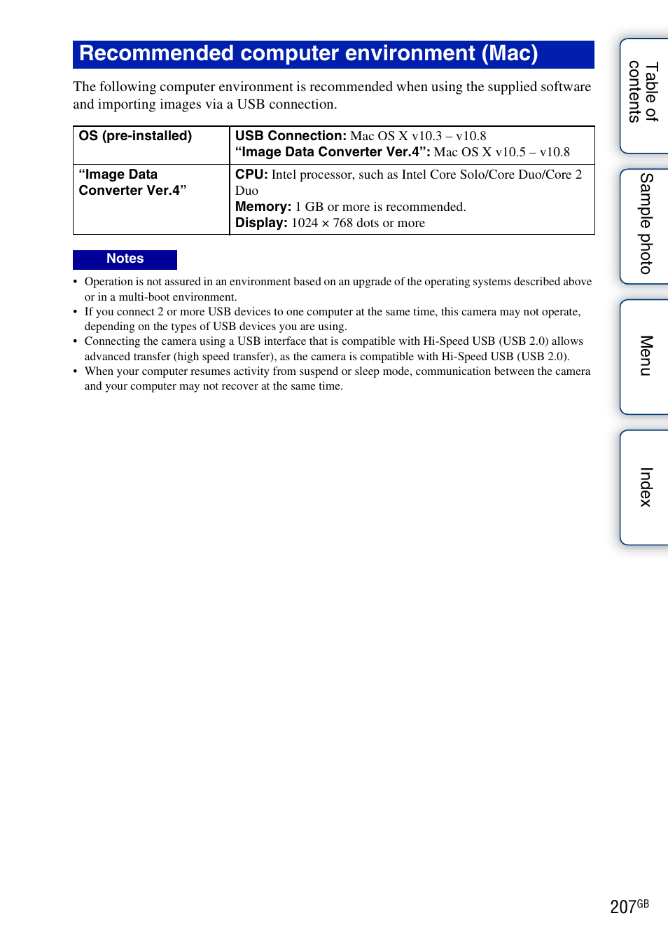 Recommended computer environment (mac) | Sony NEX-5R User Manual | Page 207 / 247
