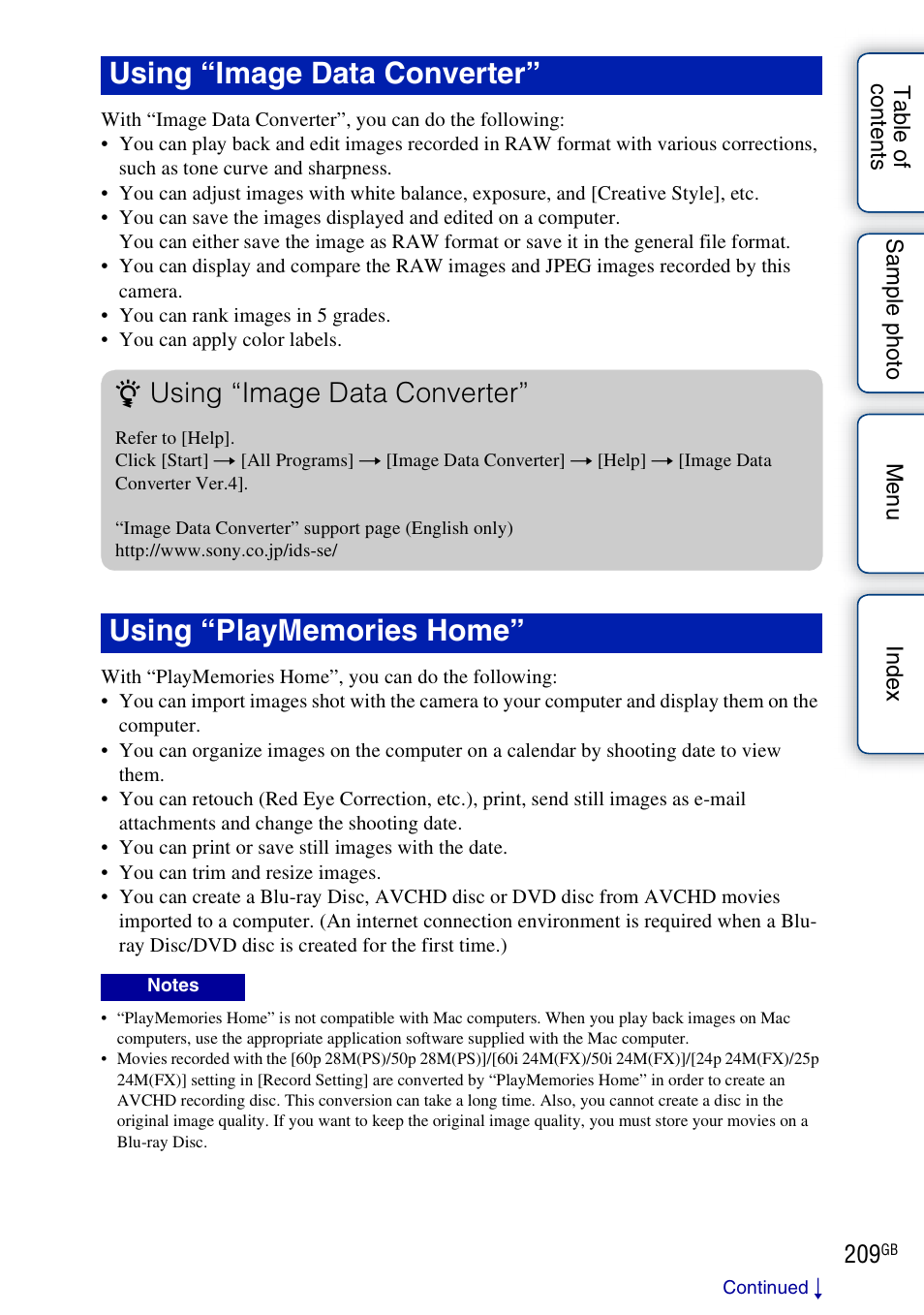 Using “image data converter | Sony NEX-5R User Manual | Page 209 / 247