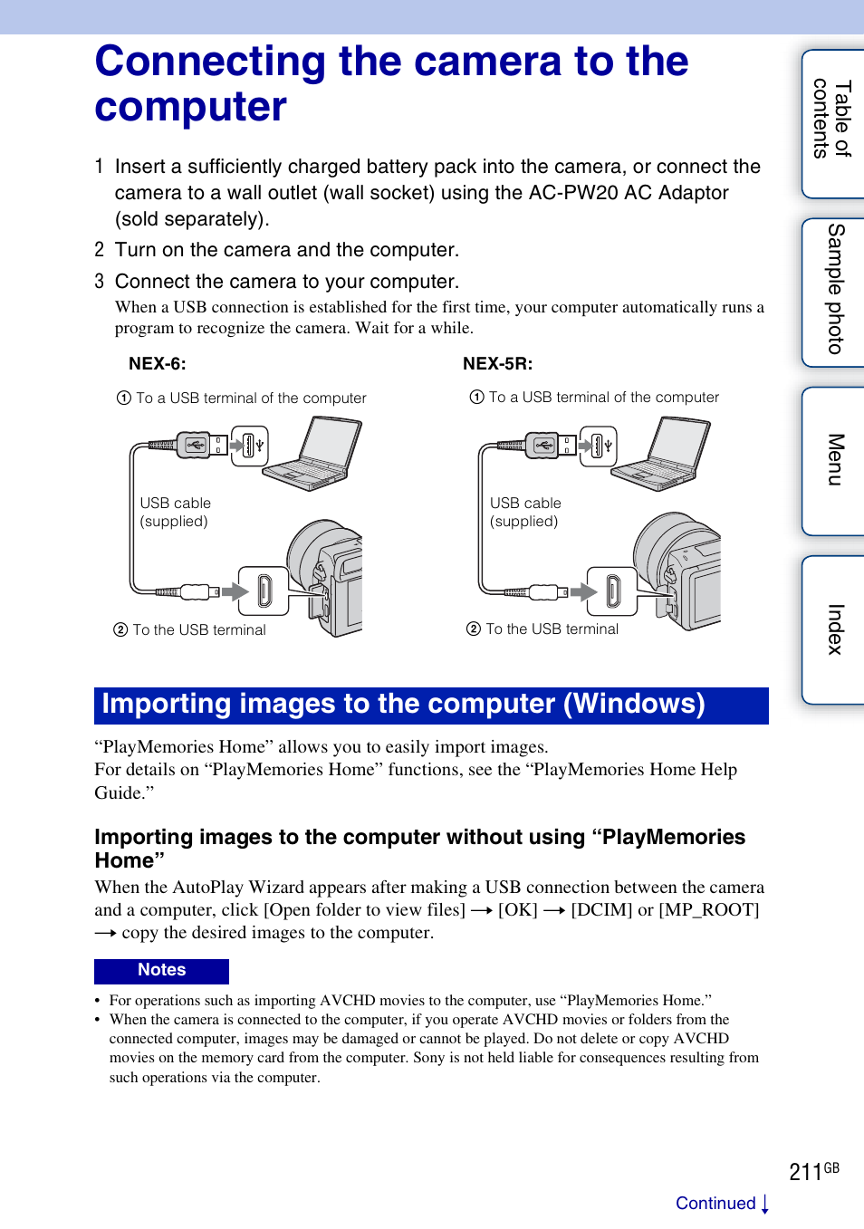Connecting the camera to the computer, Importing images to the computer (windows) | Sony NEX-5R User Manual | Page 211 / 247