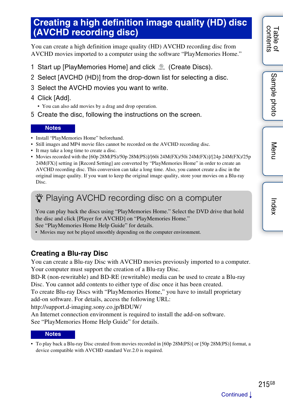 Playing avchd recording disc on a computer | Sony NEX-5R User Manual | Page 215 / 247