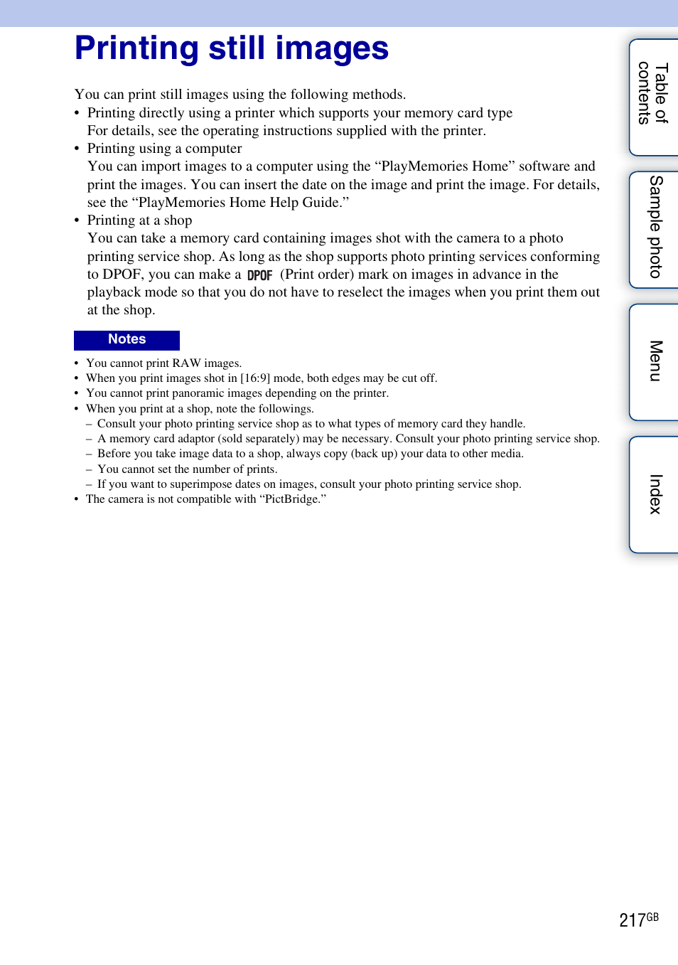 Printing still images | Sony NEX-5R User Manual | Page 217 / 247