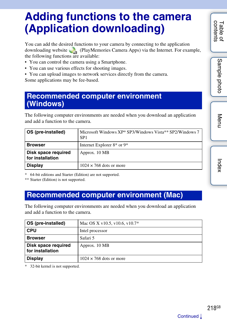Adding functions to the camera, Application, Recommended computer environment (windows) | Recommended computer environment (mac) | Sony NEX-5R User Manual | Page 218 / 247