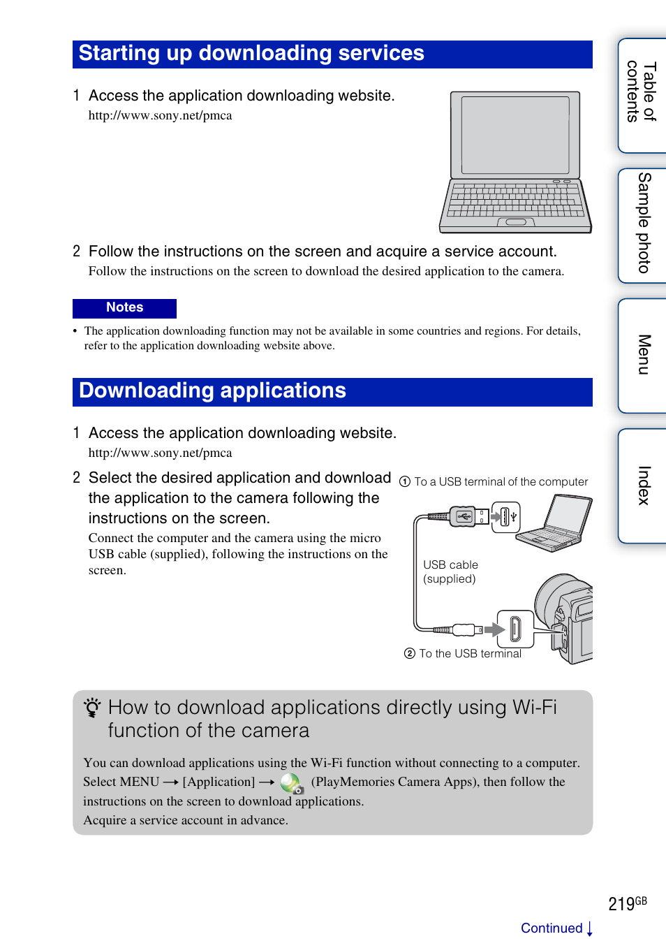 Starting up downloading services, Downloading applications | Sony NEX-5R User Manual | Page 219 / 247