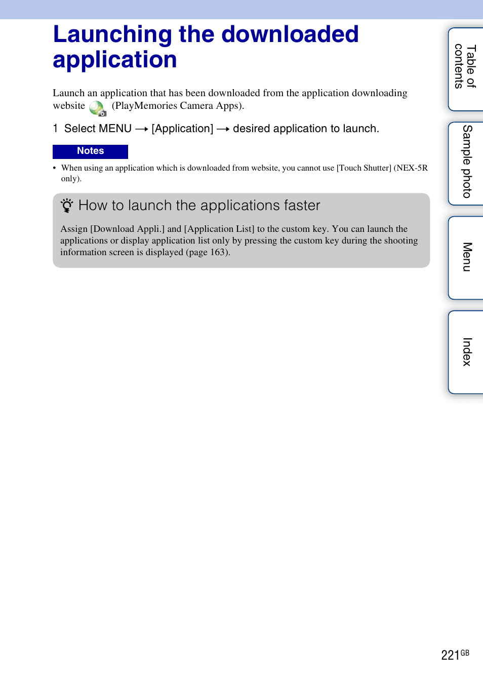 Launching the downloaded application, How to launch the applications faster | Sony NEX-5R User Manual | Page 221 / 247