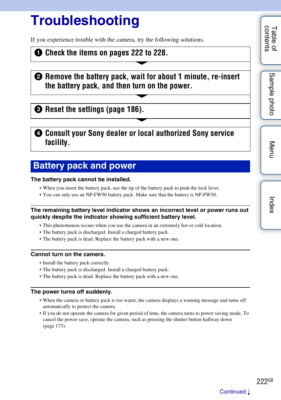 Troubleshooting, Battery pack and power | Sony NEX-5R User Manual | Page 222 / 247