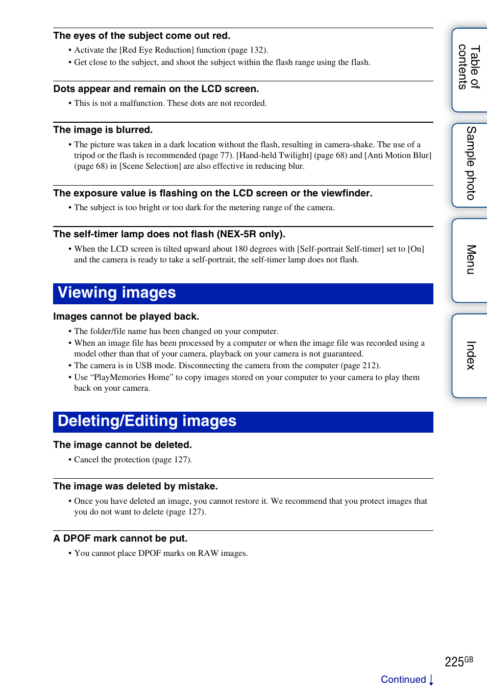 Viewing images deleting/editing images | Sony NEX-5R User Manual | Page 225 / 247