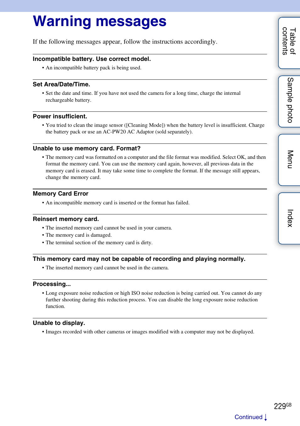 Warning messages | Sony NEX-5R User Manual | Page 229 / 247