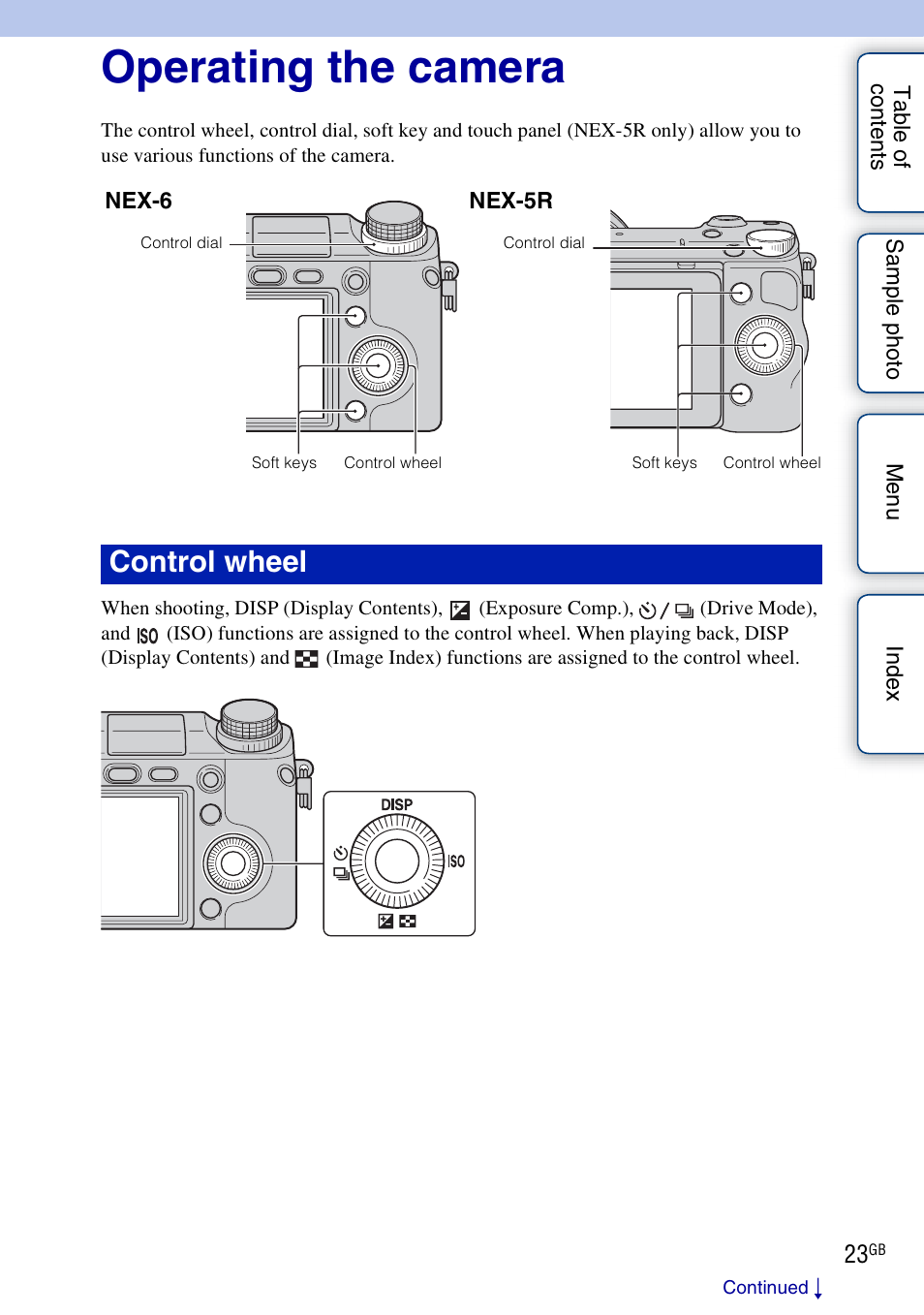 Operating the camera, Basic operations, Control wheel | Sony NEX-5R User Manual | Page 23 / 247