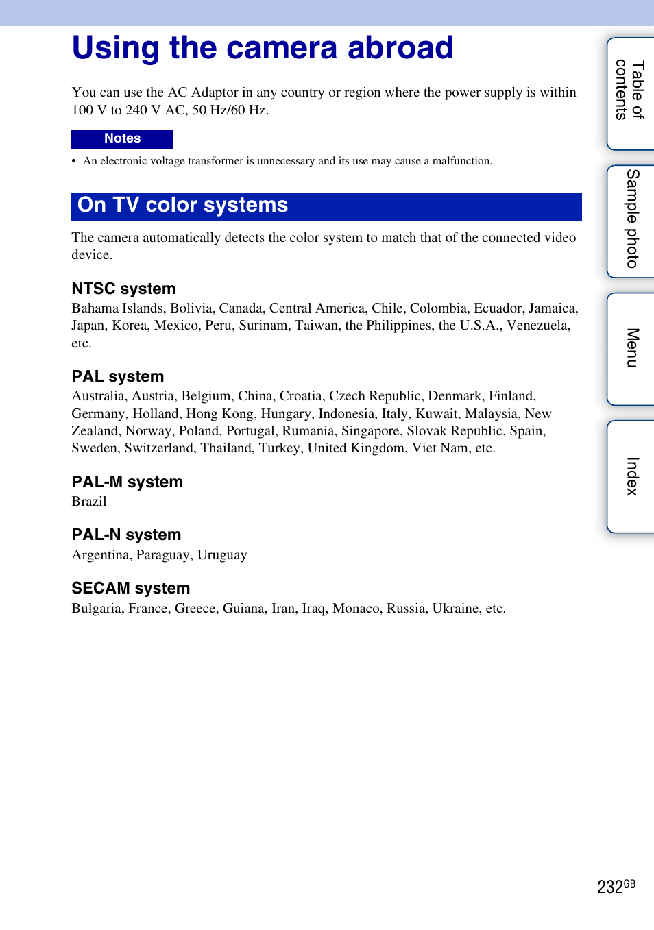 Using the camera abroad, Others, On tv color systems | Sony NEX-5R User Manual | Page 232 / 247