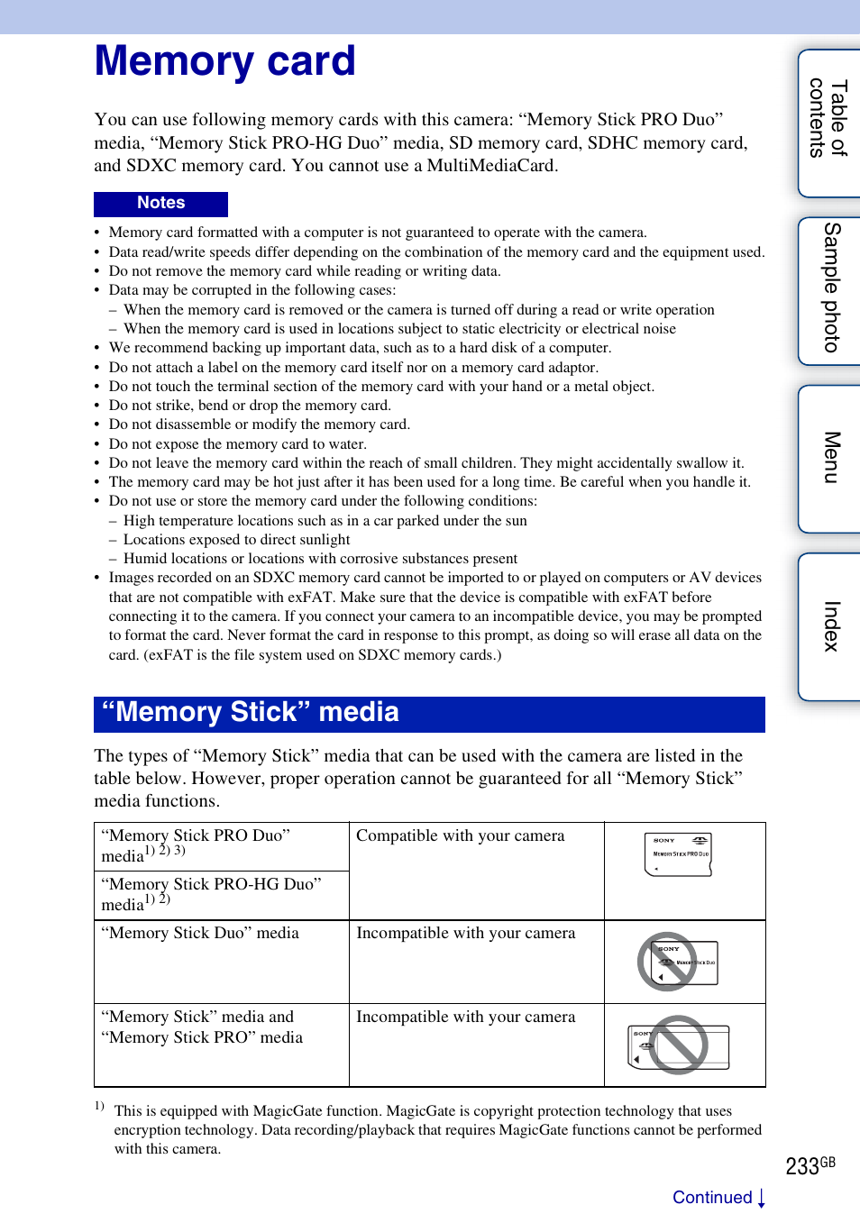 Memory card | Sony NEX-5R User Manual | Page 233 / 247