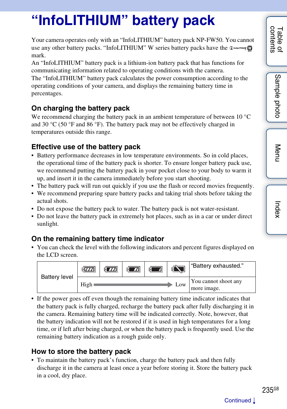 Infolithium” battery pack | Sony NEX-5R User Manual | Page 235 / 247