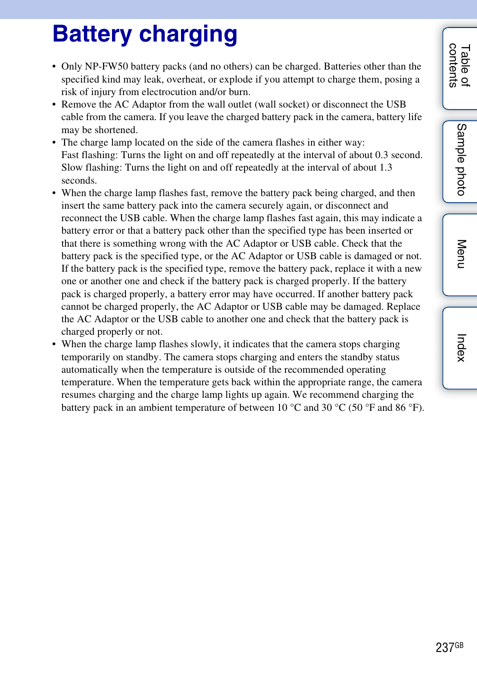 Battery charging | Sony NEX-5R User Manual | Page 237 / 247