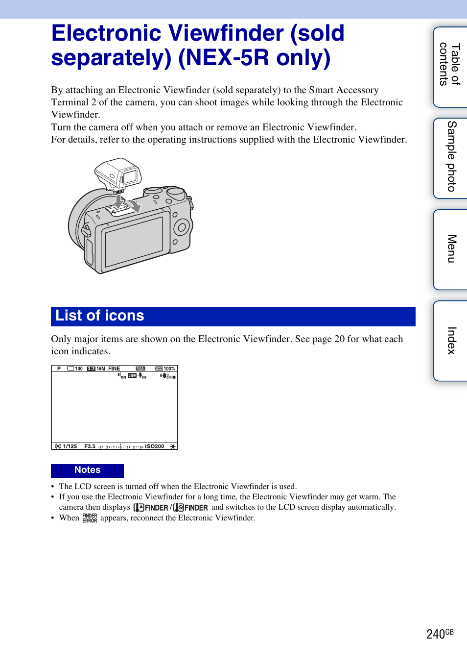List of icons | Sony NEX-5R User Manual | Page 240 / 247
