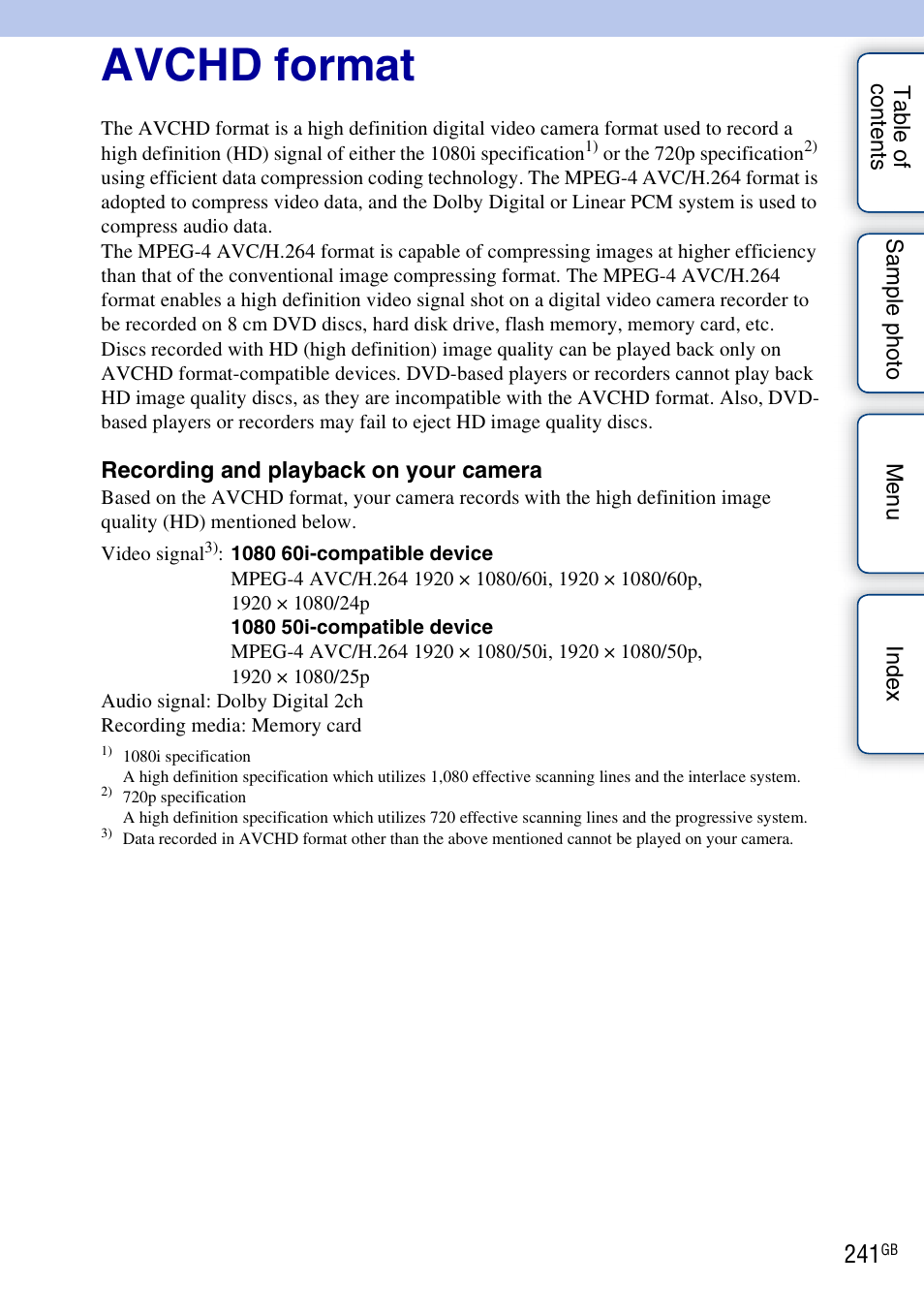Avchd format | Sony NEX-5R User Manual | Page 241 / 247