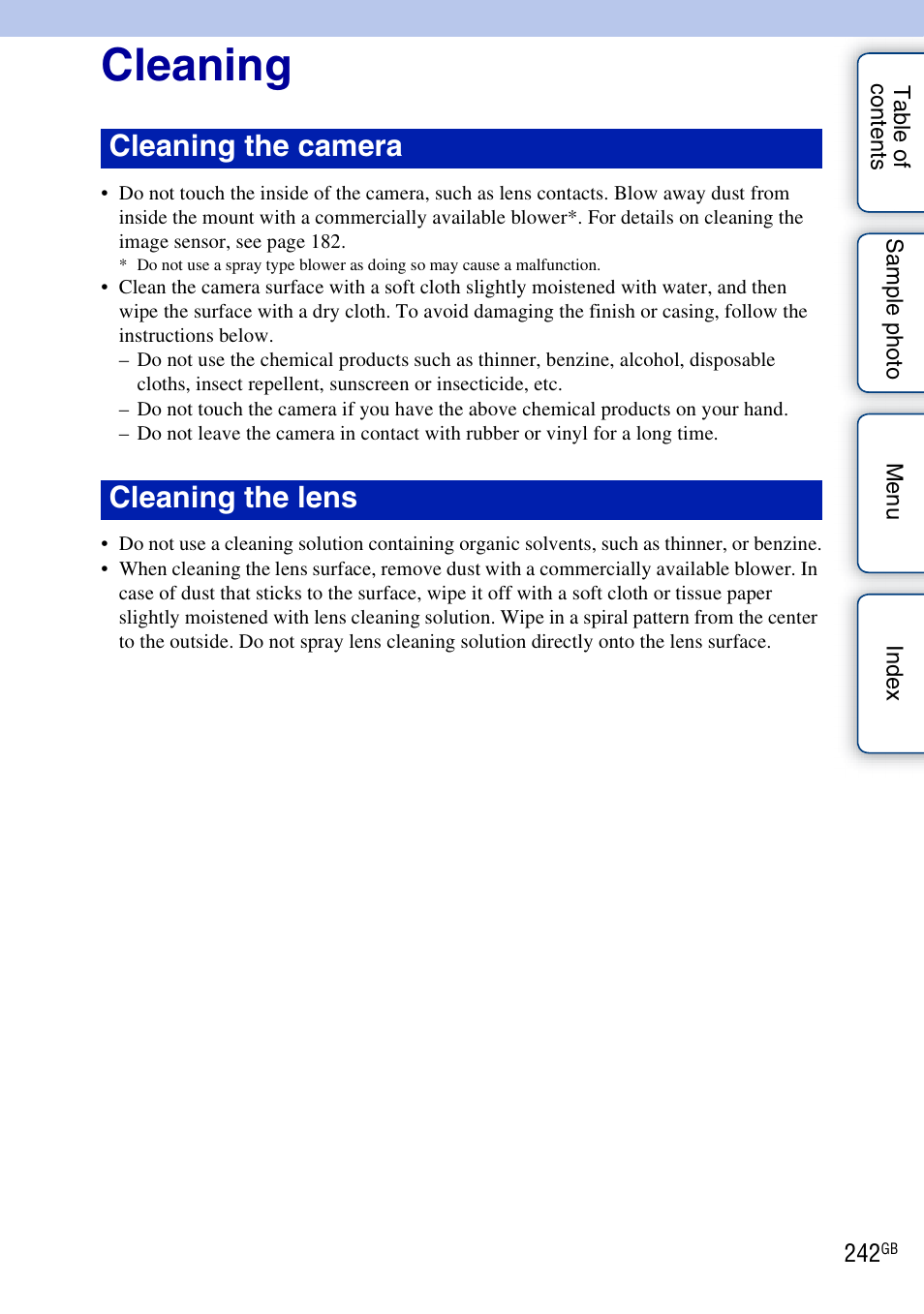 Cleaning, Cleaning the camera cleaning the lens | Sony NEX-5R User Manual | Page 242 / 247