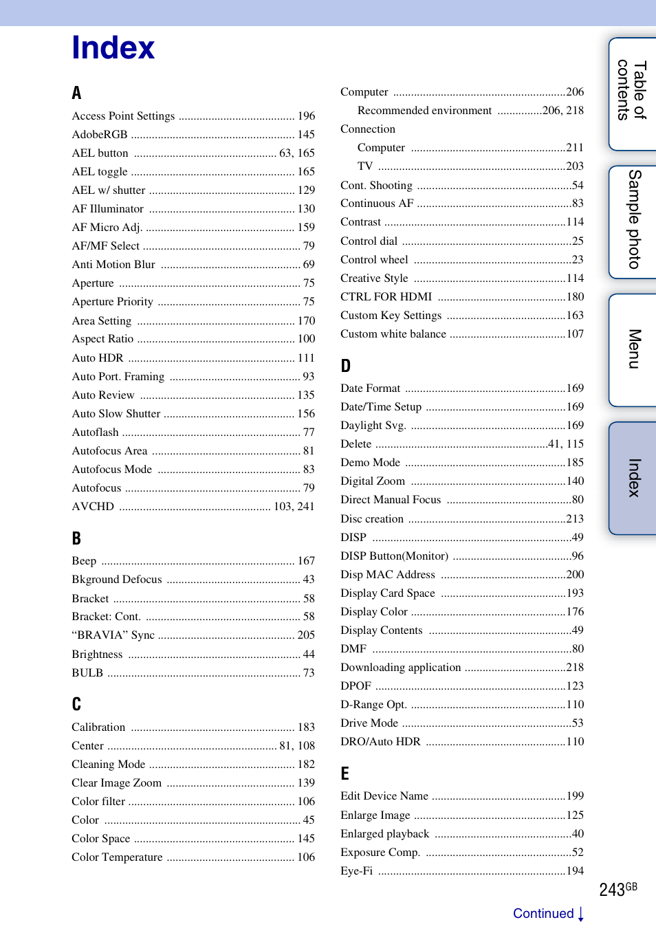 Index | Sony NEX-5R User Manual | Page 243 / 247