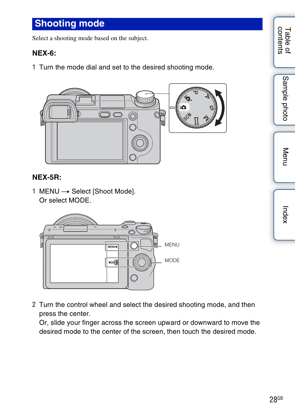 Shooting mode | Sony NEX-5R User Manual | Page 28 / 247