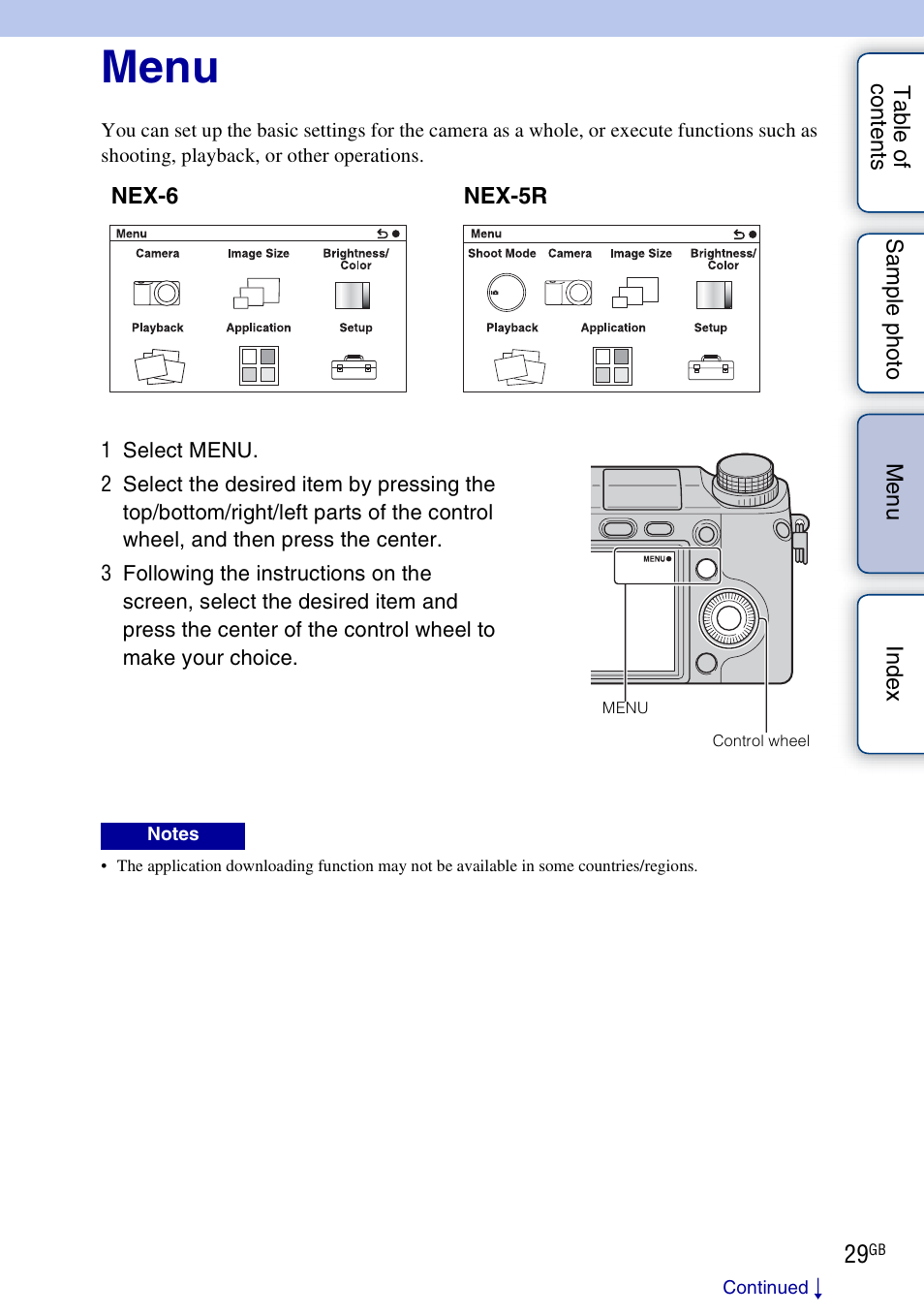 Menu, Using functions in the menu | Sony NEX-5R User Manual | Page 29 / 247