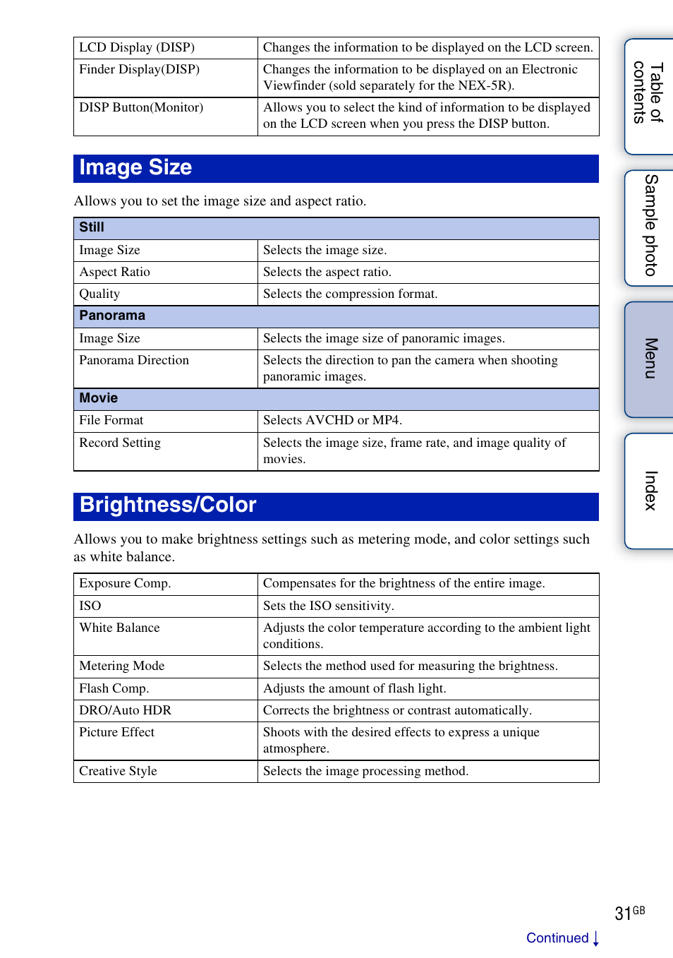 Image size, Brightness/color | Sony NEX-5R User Manual | Page 31 / 247