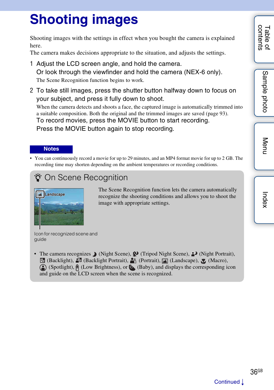 Shooting images, On scene recognition | Sony NEX-5R User Manual | Page 36 / 247