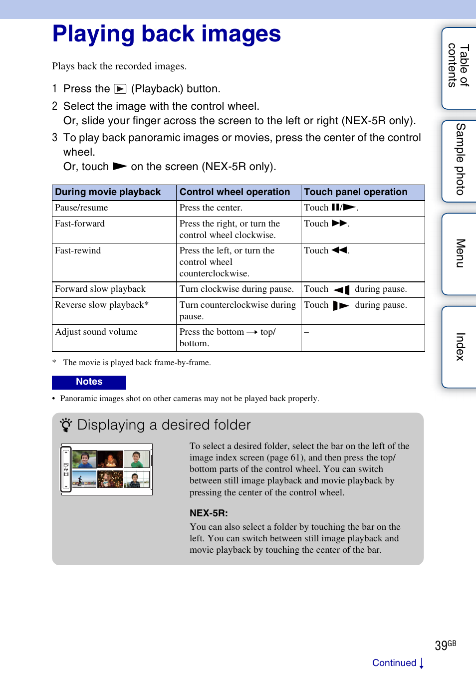 Playing back images, Displaying a desired folder | Sony NEX-5R User Manual | Page 39 / 247