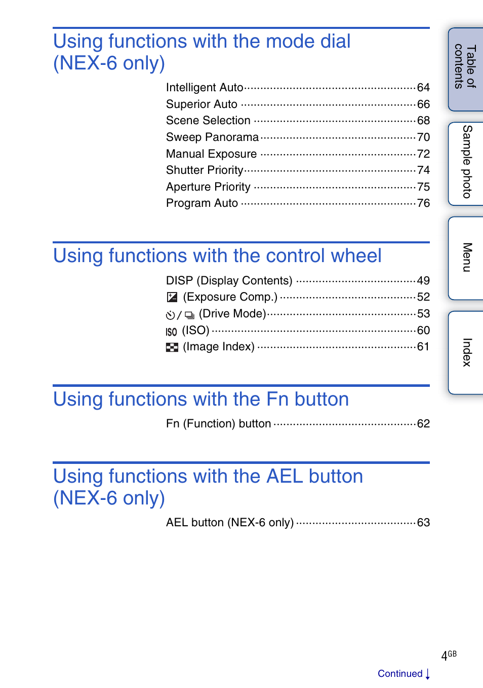 Using functions with the mode dial (nex-6 only), Using functions with the control wheel, Using functions with the fn button | Using functions with the ael button (nex-6 only) | Sony NEX-5R User Manual | Page 4 / 247