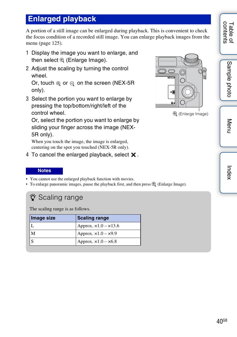 Enlarged playback, Scaling range | Sony NEX-5R User Manual | Page 40 / 247