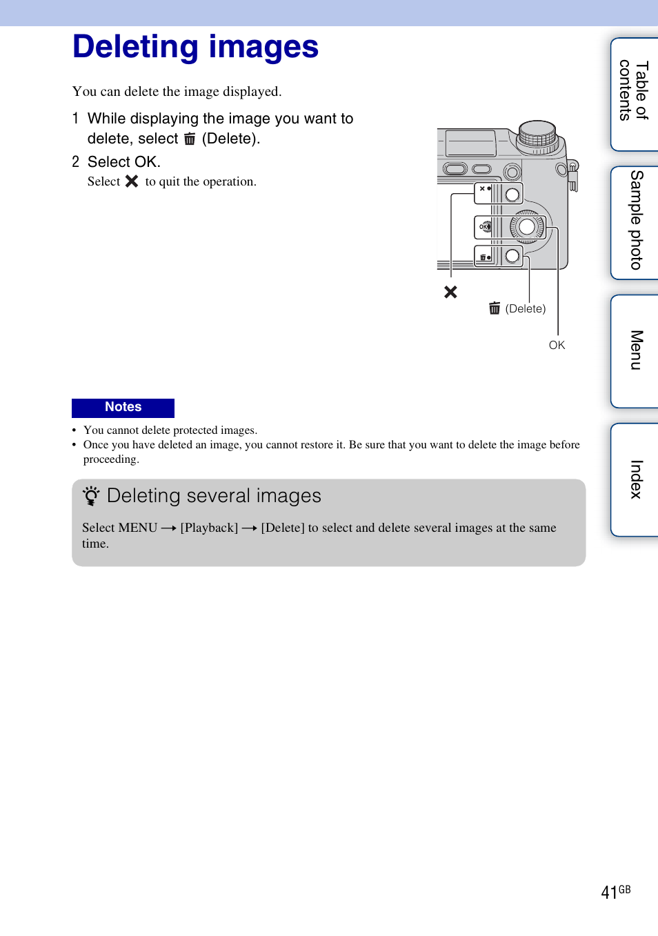 Deleting images, Deleting several images | Sony NEX-5R User Manual | Page 41 / 247