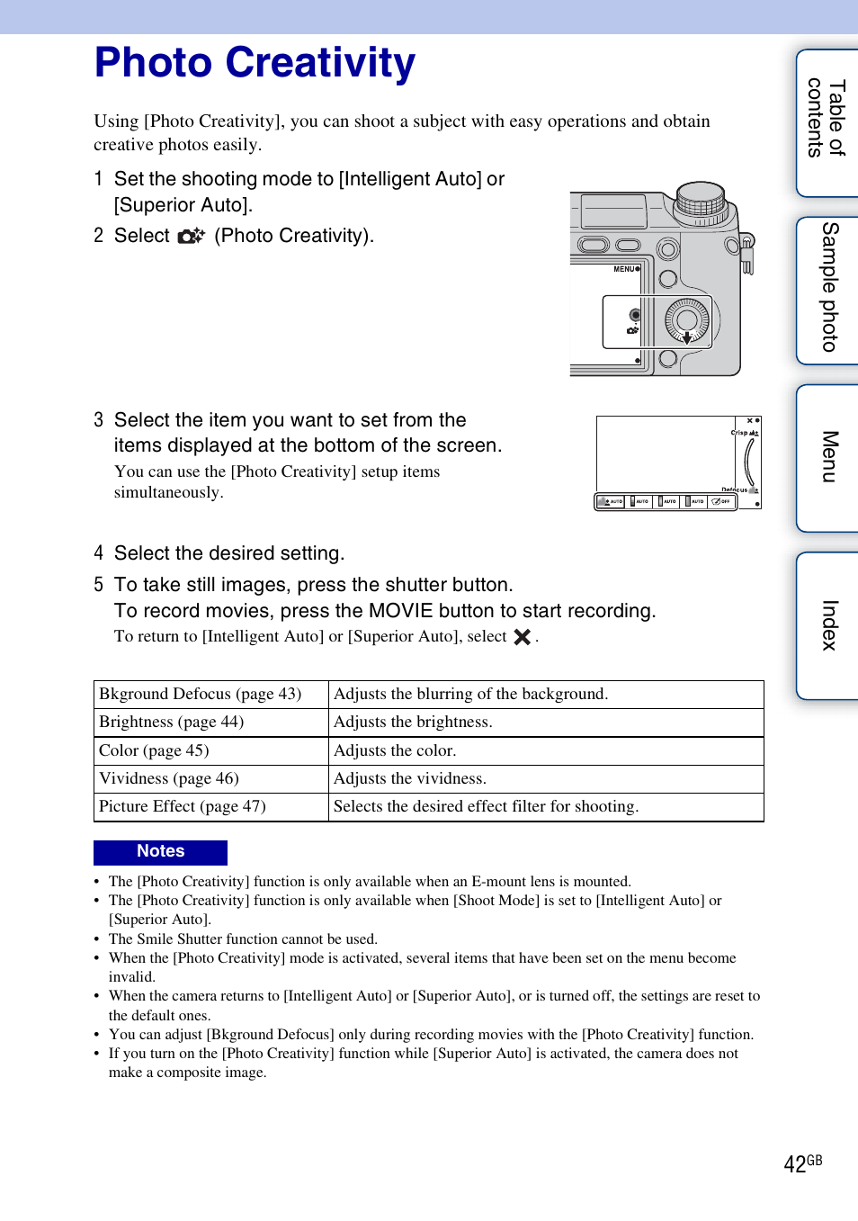 Photo creativity, Using the photo creativity function | Sony NEX-5R User Manual | Page 42 / 247