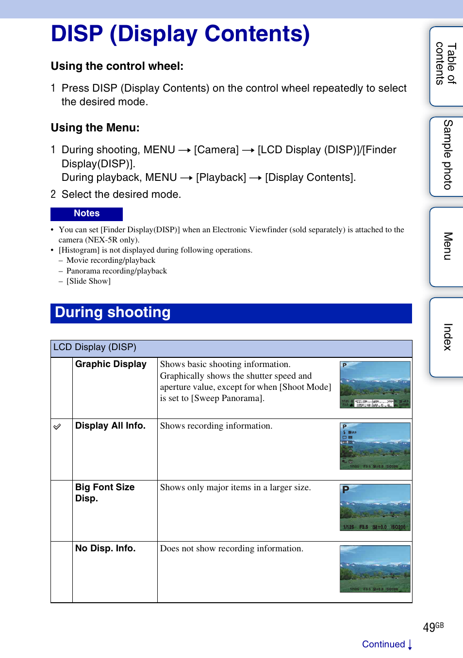 Disp (display contents), Using functions with the control wheel, Lcd display (disp) | During shooting | Sony NEX-5R User Manual | Page 49 / 247