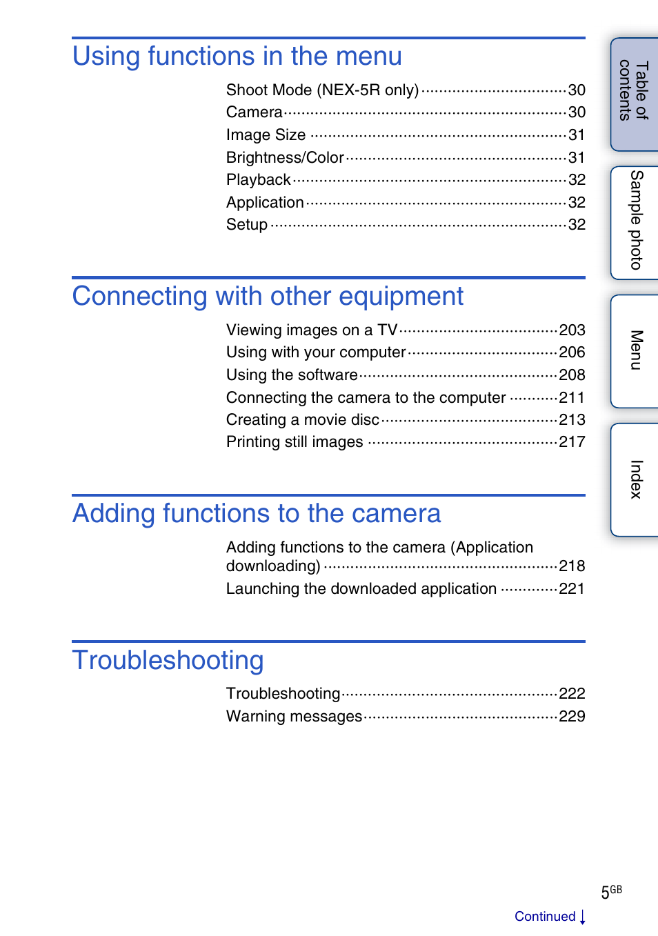 Using functions in the menu, Connecting with other equipment, Adding functions to the camera | Troubleshooting | Sony NEX-5R User Manual | Page 5 / 247
