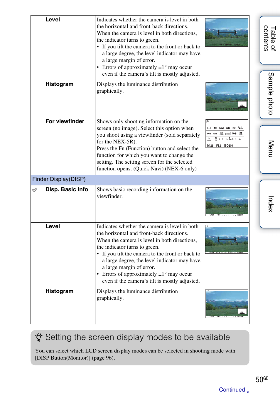 Finder display(disp), Setting the screen display modes to be available | Sony NEX-5R User Manual | Page 50 / 247
