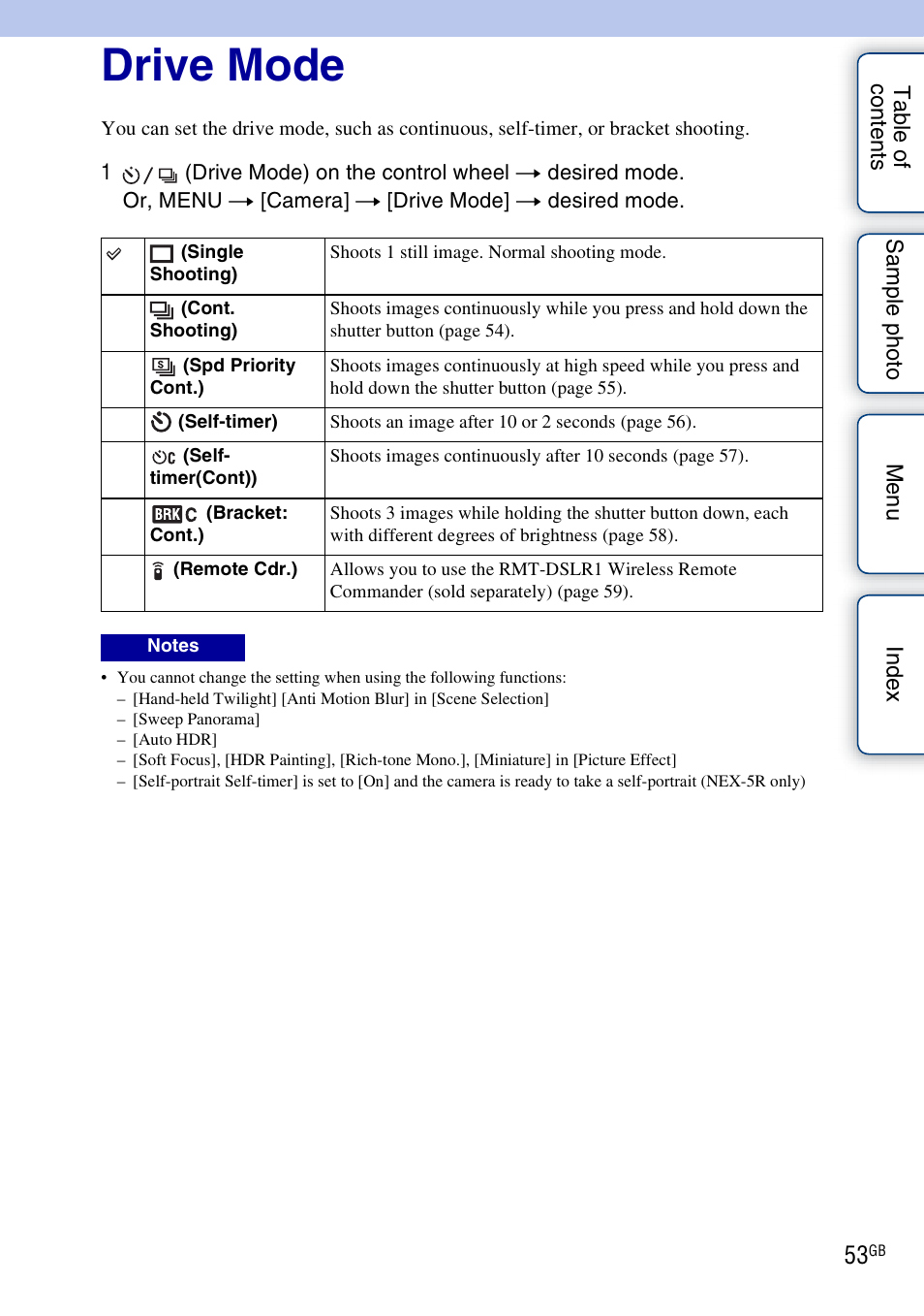 Drive mode | Sony NEX-5R User Manual | Page 53 / 247