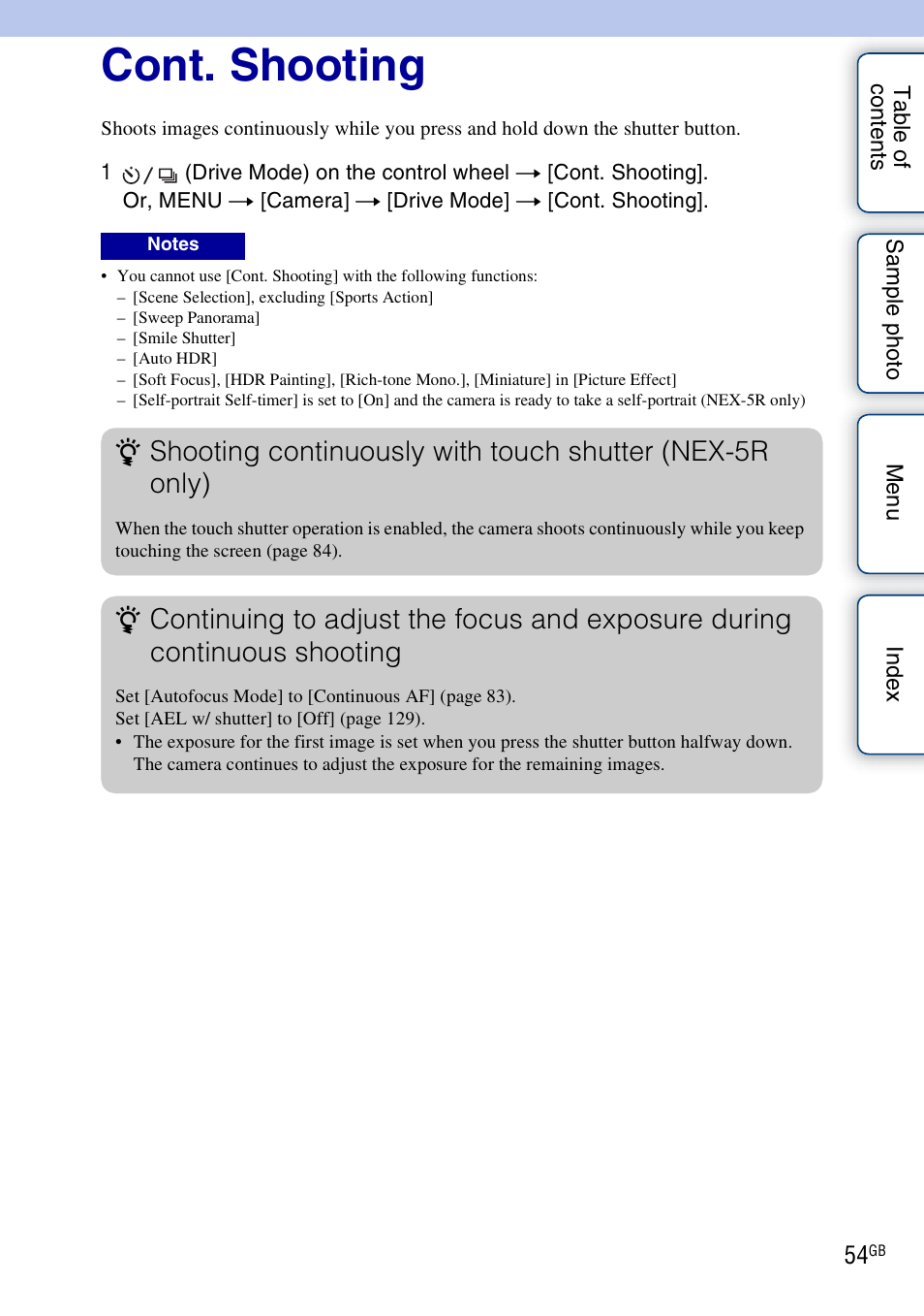 Cont. shooting | Sony NEX-5R User Manual | Page 54 / 247