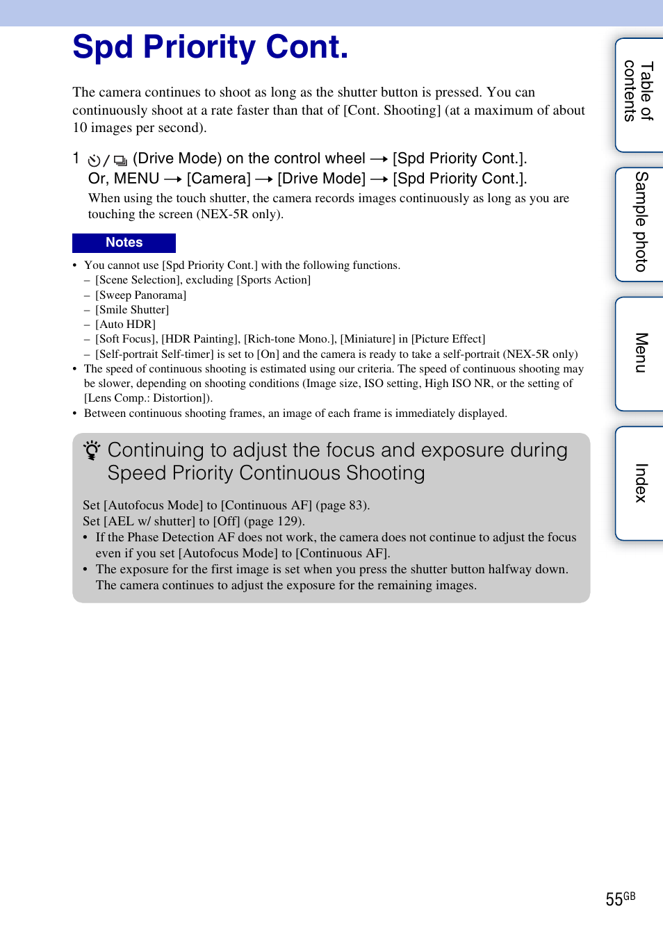 Spd priority cont | Sony NEX-5R User Manual | Page 55 / 247