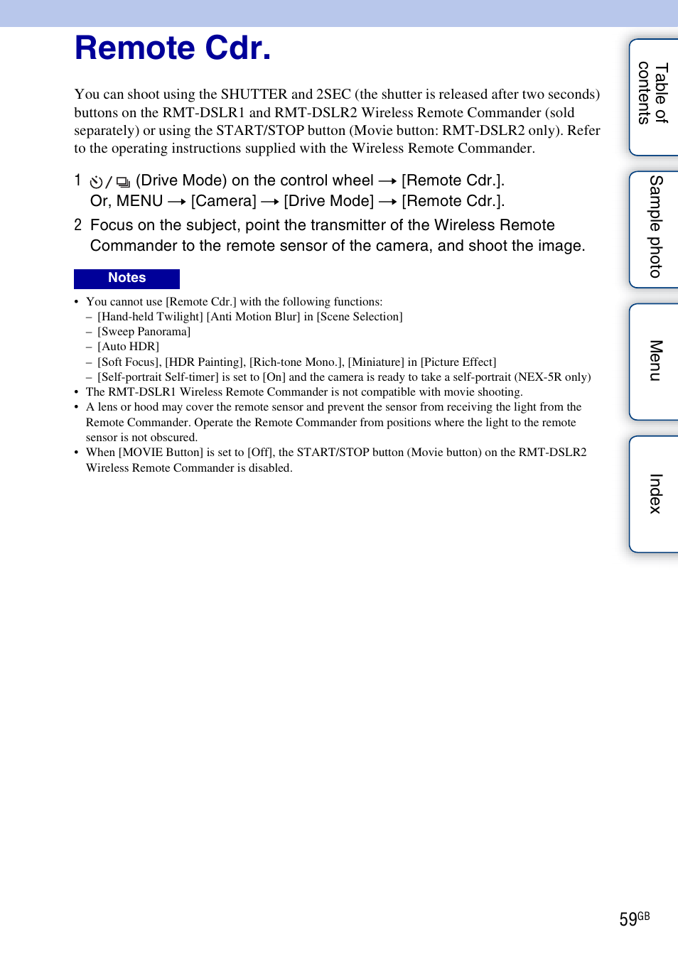 Remote cdr | Sony NEX-5R User Manual | Page 59 / 247