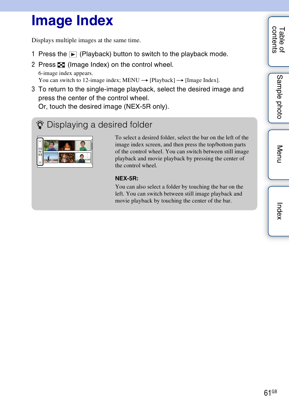 Image index, Displaying a desired folder | Sony NEX-5R User Manual | Page 61 / 247