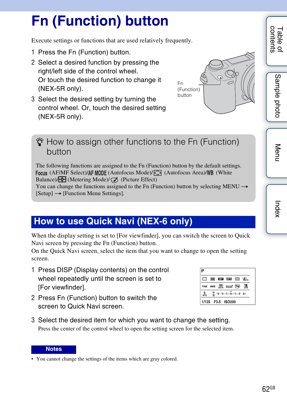 Fn (function) button, Using functions with the fn button, On (62) | How to use quick navi (nex-6 only) | Sony NEX-5R User Manual | Page 62 / 247