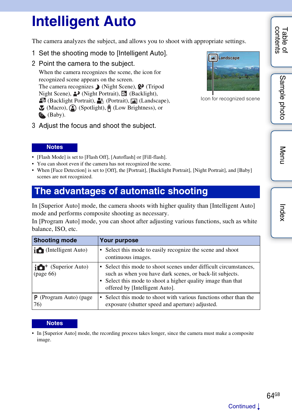 Intelligent auto, Using functions with the mode dial (nex-6 only), The advantages of automatic shooting | Sony NEX-5R User Manual | Page 64 / 247