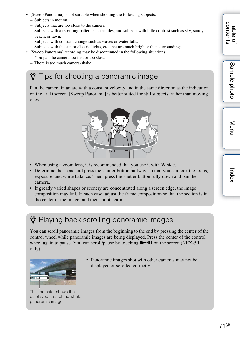 Tips for shooting a panoramic image, Playing back scrolling panoramic images | Sony NEX-5R User Manual | Page 71 / 247