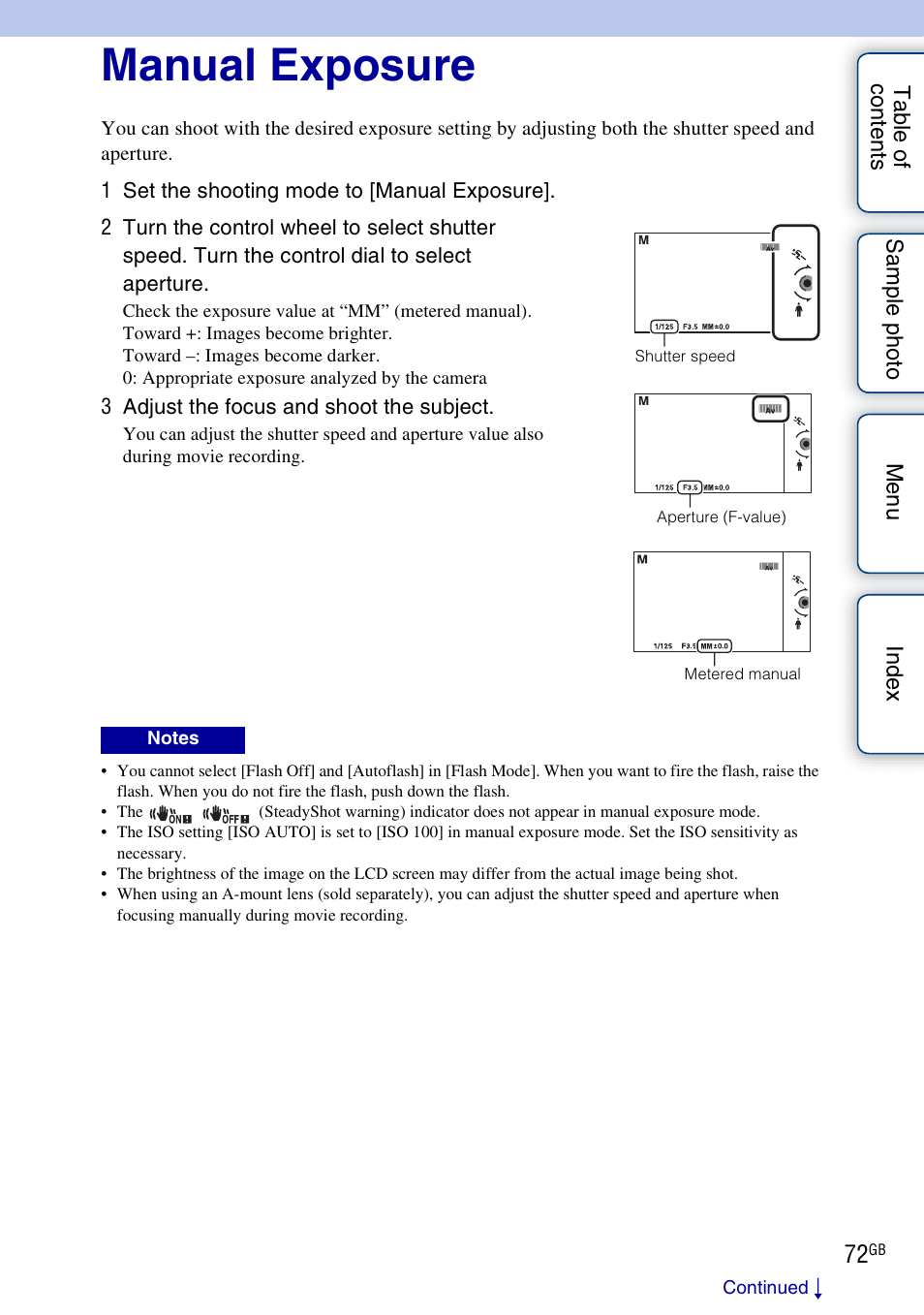 Manual exposure | Sony NEX-5R User Manual | Page 72 / 247